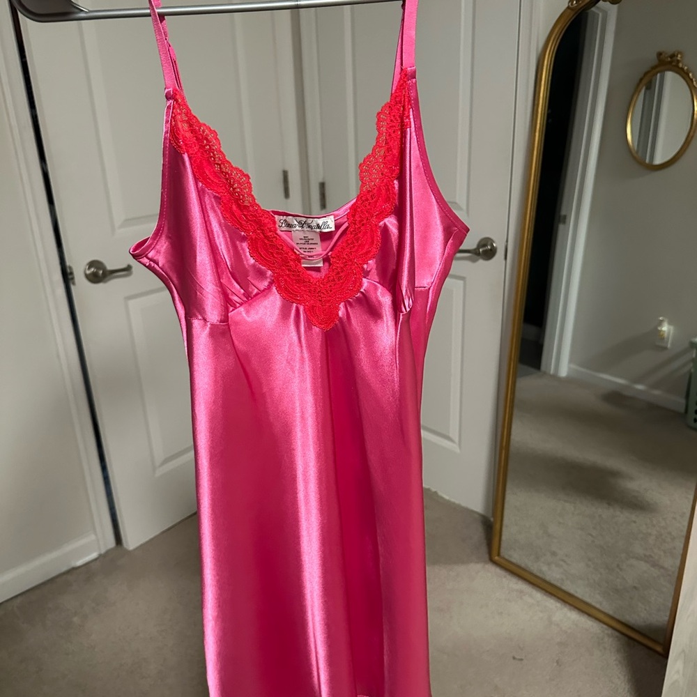 Hot Pink Satin Slip with Red Lace Trim Size Small